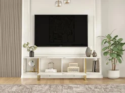 Vente-unique Mueble de TV 2 puertas y 2 estantes - Efecto mármol y dorado - DERANA