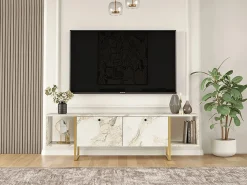 Vente-unique Mueble de TV 2 puertas y 2 estantes - Efecto mármol y dorado - DERANA