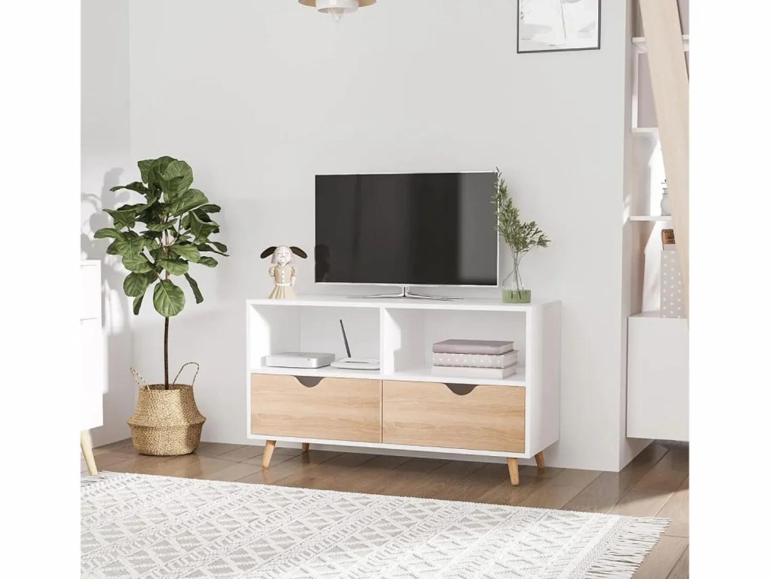 Clearance Mueble de TV de 99 cm con cajón y 2 estantes, mueble de TV moderno para salón Mueble Tv