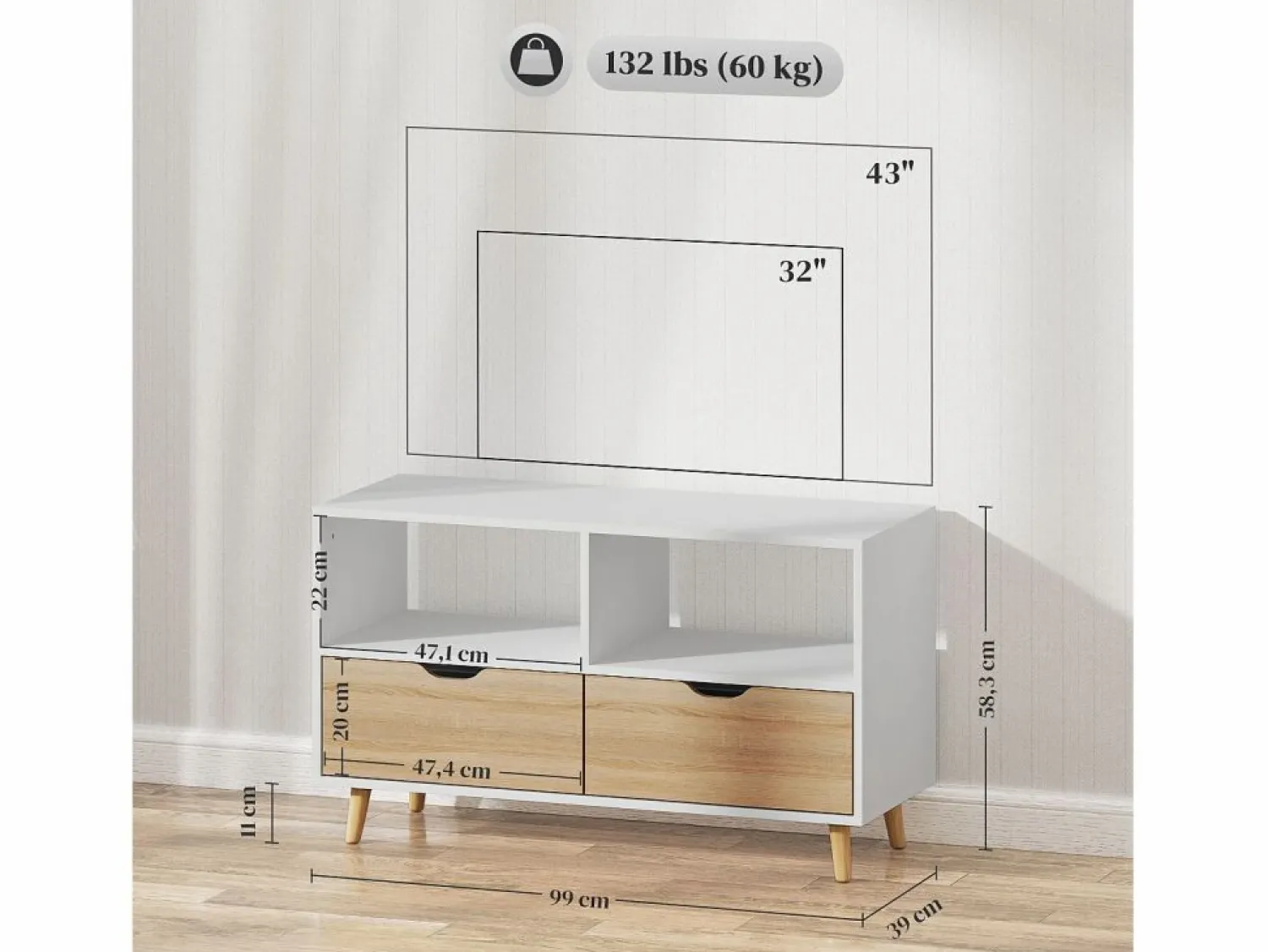 Clearance Mueble de TV de 99 cm con cajón y 2 estantes, mueble de TV moderno para salón Mueble Tv