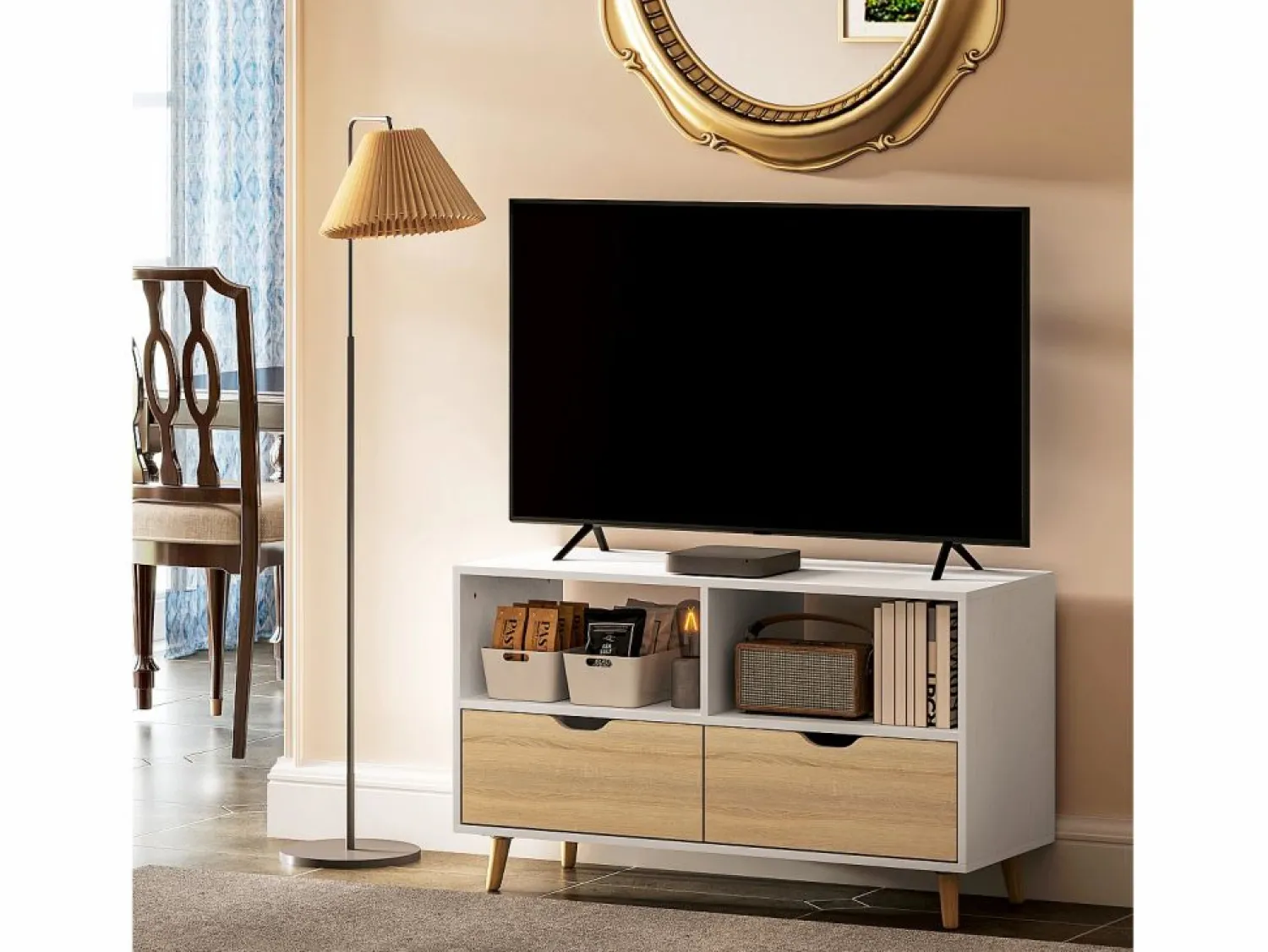 Clearance Mueble de TV de 99 cm con cajón y 2 estantes, mueble de TV moderno para salón Mueble Tv