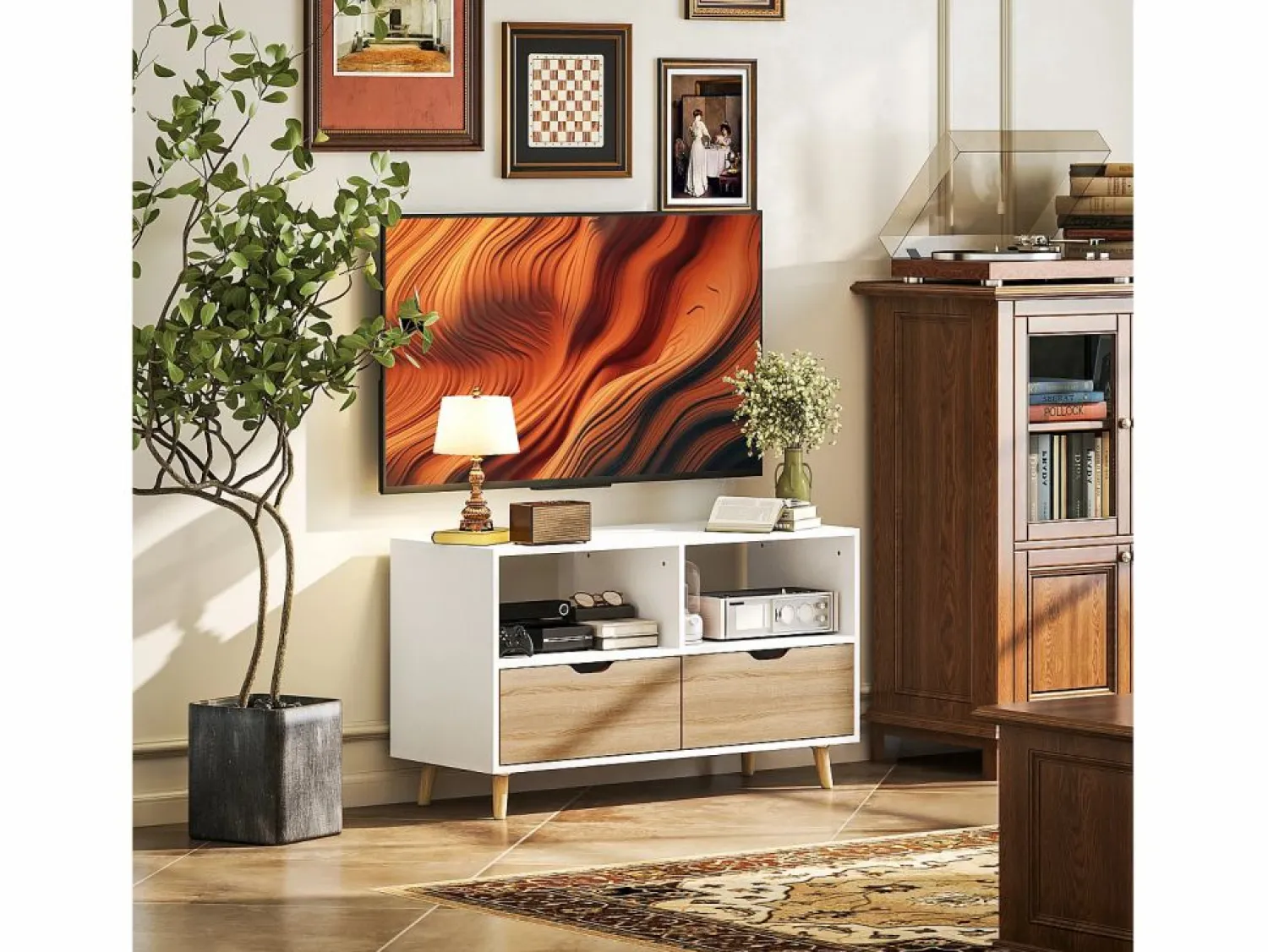 Clearance Mueble de TV de 99 cm con cajón y 2 estantes, mueble de TV moderno para salón Mueble Tv