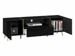 Sale Mueble de TV con 2 puertas, 1 cajón y 1 estante - Negro brillante y dorado - MARZIALO Mueble Tv