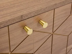 Vente-unique Mueble de TV con 2 puertas y 2 estantes abiertos, chapa de nogal - Natural oscuro y dorado - PARIOMA