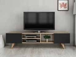 New Vente-unique Mueble de TV con 2 puertas y 3 estantes - Negro y Natural - MOSTIA Negro / Color natural claro