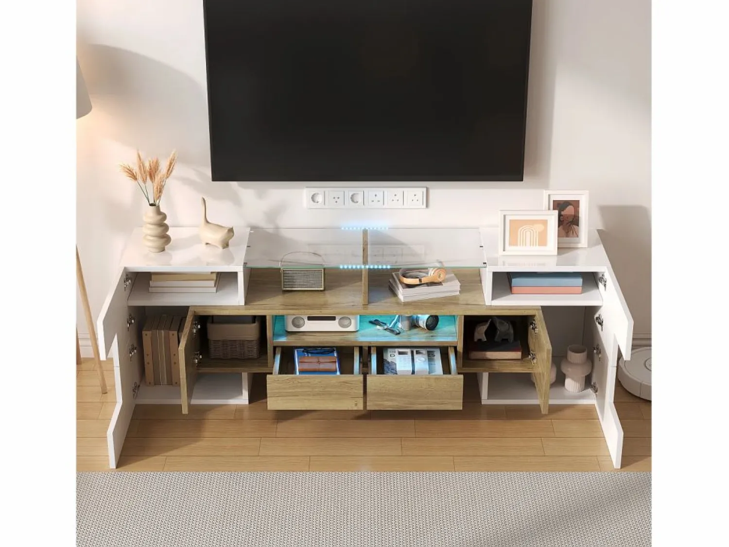 Clearance Mueble de TV con 4 puertas y 2 cajones - 145 x 30 x 51 cm - LEDs - Tablero de partículas - +Oro Mueble Tv