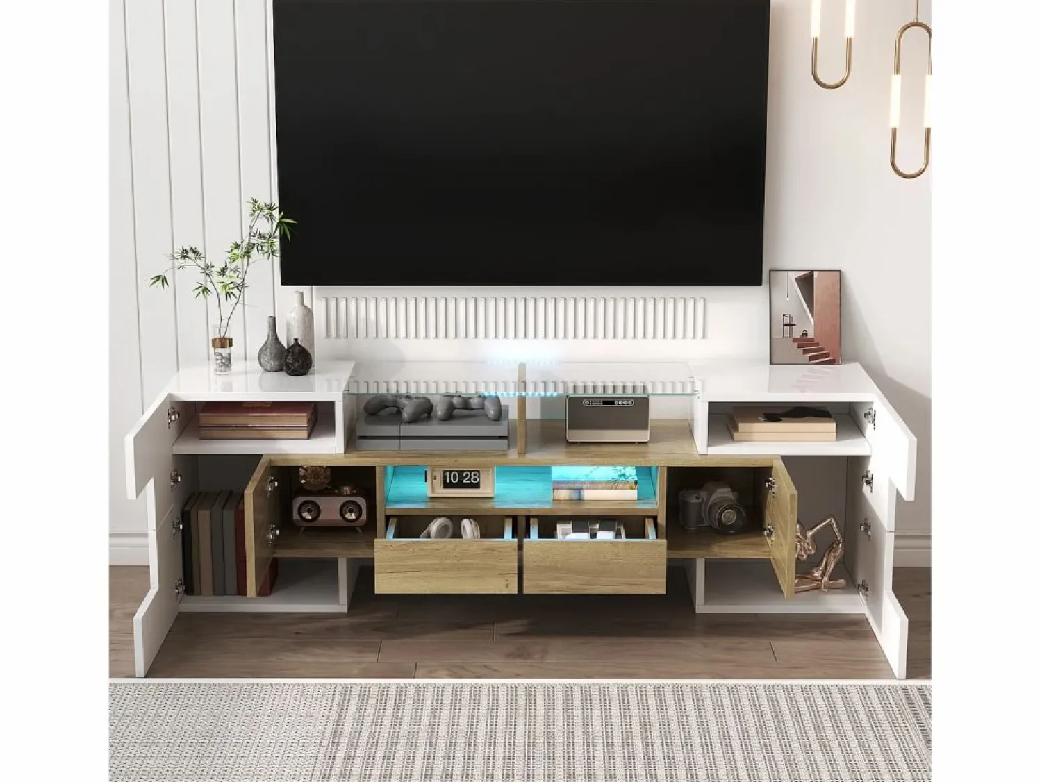 Clearance Mueble de TV con 4 puertas y 2 cajones - 145 x 30 x 51 cm - LEDs - Tablero de partículas - +Oro Mueble Tv