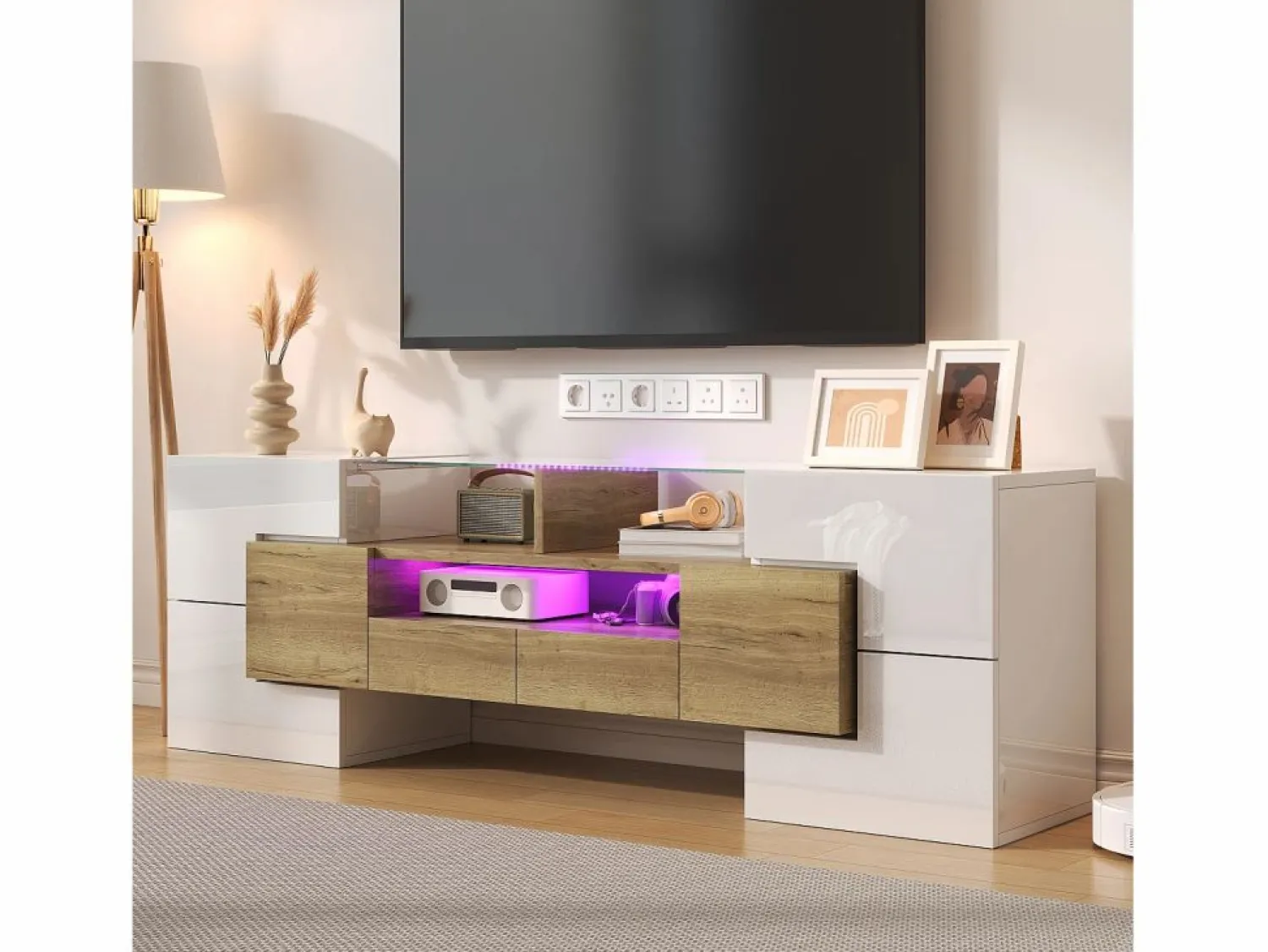 Clearance Mueble de TV con 4 puertas y 2 cajones - 145 x 30 x 51 cm - LEDs - Tablero de partículas - +Oro Mueble Tv