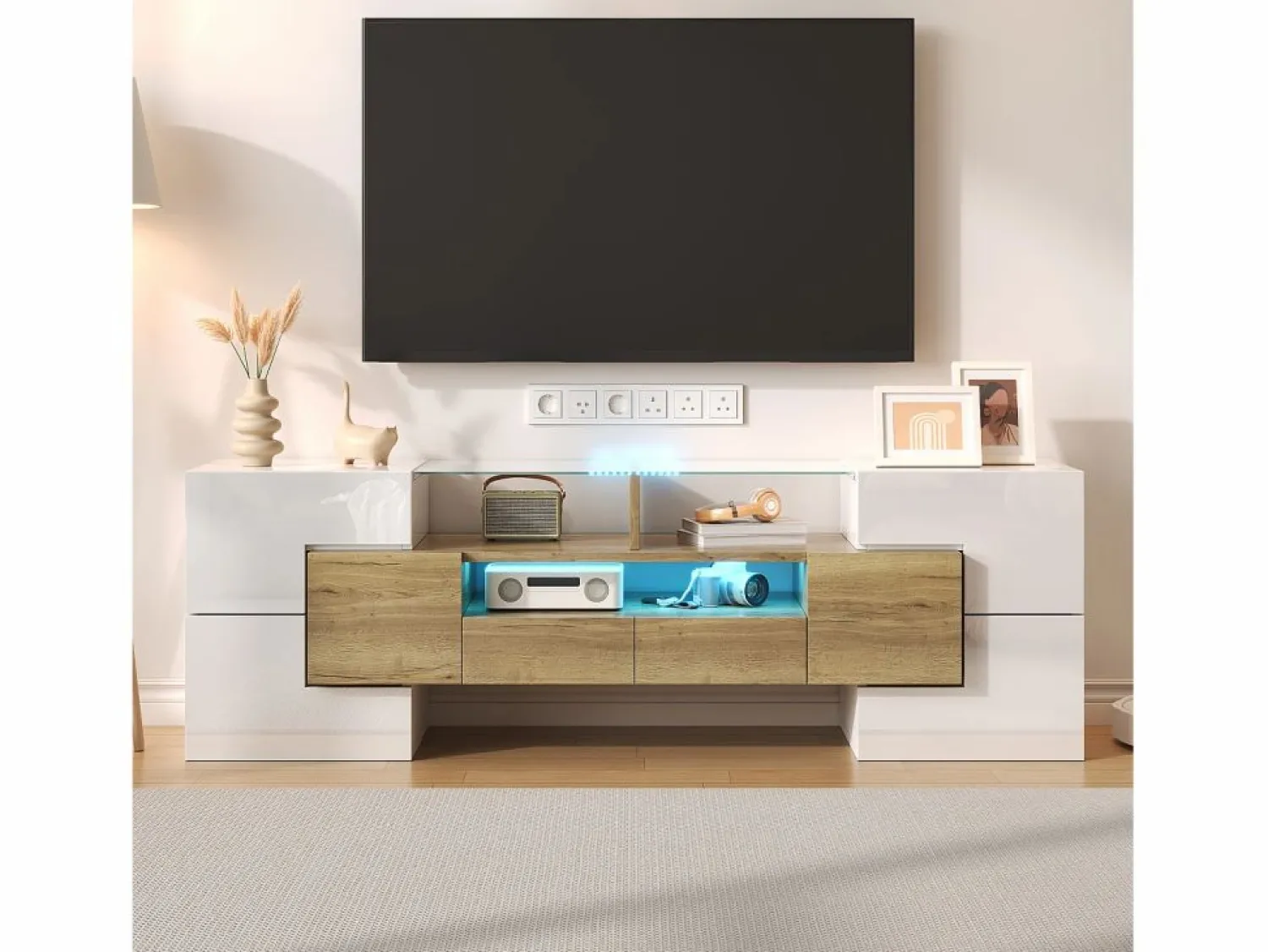 Clearance Mueble de TV con 4 puertas y 2 cajones - 145 x 30 x 51 cm - LEDs - Tablero de partículas - +Oro Mueble Tv