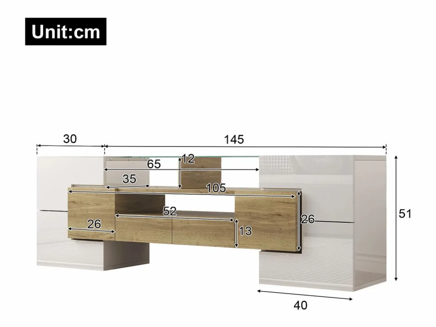 Clearance Mueble de TV con 4 puertas y 2 cajones - 145 x 30 x 51 cm - LEDs - Tablero de partículas - +Oro Mueble Tv