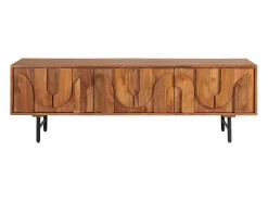 Maison Céphy Mueble de TV con 3 puertas de madera de mango y metal negro - Natural - MIZORAM