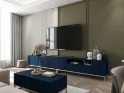 Mueble de TV con 7 puertas y hueco abierto – estructura marino mate, frentes acanalados marino mate – 300 cm, marco de metal
