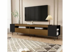 New Mueble de TV con 2 puertas y nichos laterales - 180 x 36 x 43 cm - LED - MDF y tablero de partículas - + natural Mueble Tv