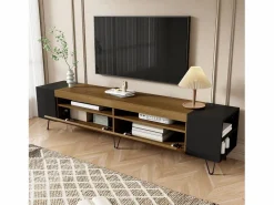 New Mueble de TV con 2 puertas y nichos laterales - 180 x 36 x 43 cm - LED - MDF y tablero de partículas - + natural Mueble Tv