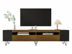 New Mueble de TV con 2 puertas y nichos laterales - 180 x 36 x 43 cm - LED - MDF y tablero de partículas - + natural Mueble Tv