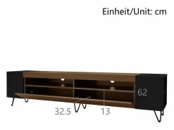 New Mueble de TV con 2 puertas y nichos laterales - 180 x 36 x 43 cm - LED - MDF y tablero de partículas - + natural Mueble Tv