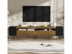 New Mueble de TV con 2 puertas y nichos laterales - 180 x 36 x 43 cm - LED - MDF y tablero de partículas - + natural Mueble Tv