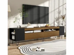 New Mueble de TV con 2 puertas y nichos laterales - 180 x 36 x 43 cm - LED - MDF y tablero de partículas - + natural Mueble Tv