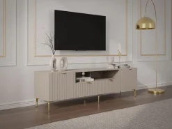 Vente-unique Mueble de TV con 2 puertas, 2 cajones y 2 nichos en MDF y acero - y dorado - YESINIA