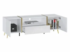 Hot Vente-unique Mueble de TV con 2 puertas, 1 cajón y 1 estante - Blanco brillo y dorado - MARZIALO Blanco / Dorado