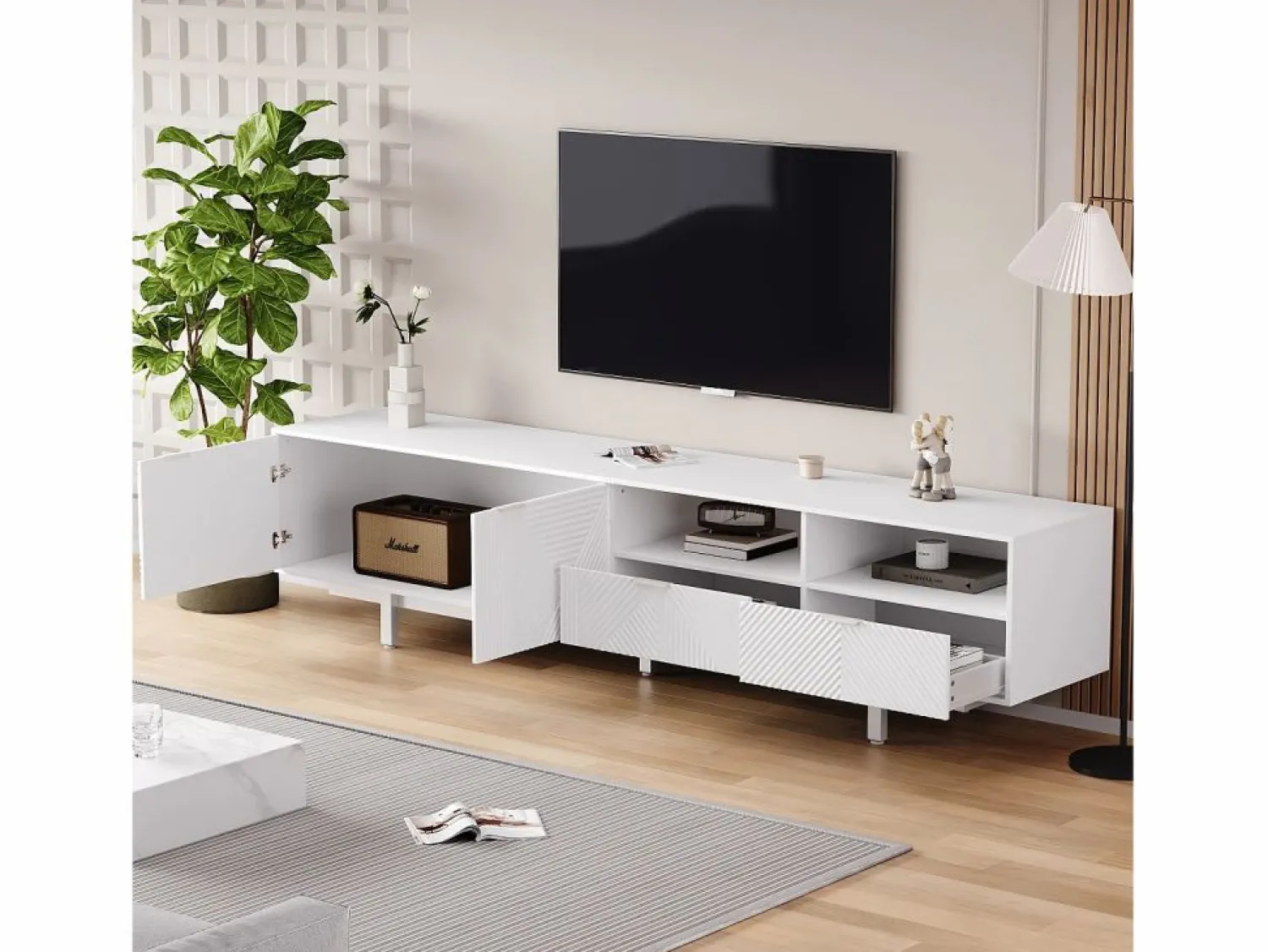 OKWISH Mueble de TV de 200 cm, mueble de TV con 2 puertas y 2 cajones, estilo moderno, para salón y oficina