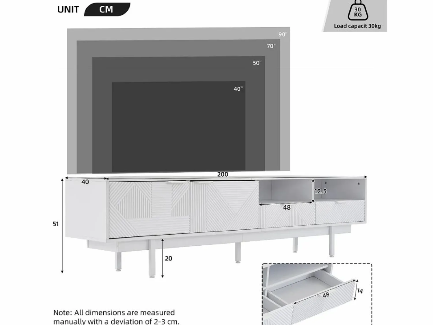 OKWISH Mueble de TV de 200 cm, mueble de TV con 2 puertas y 2 cajones, estilo moderno, para salón y oficina
