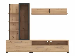Vente-unique Mueble de TV de pared - 3 puertas, 1 puerta de cristal, 2 huecos y 7 estantes - Color: Roble y negro - DUBLIN