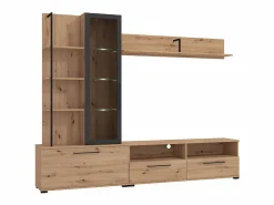 Vente-unique Mueble de TV de pared - 3 puertas, 1 puerta de cristal, 2 huecos y 7 estantes - Color: Roble y negro - DUBLIN