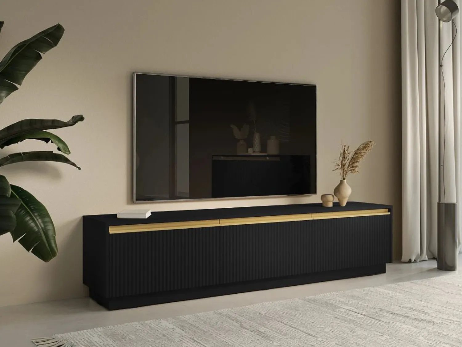 Clearance Vente-unique Mueble de TV de pared o de pie con 3 puertas de MDF - y Dorado - POSINIA Negro