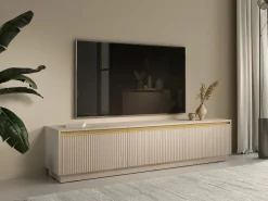 Best Vente-unique Mueble de TV flotante o de pie con 3 puertas de MDF - y Dorado - POSINIA Beige