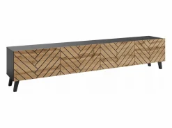 Hot Mueble de TV moderno de 190 cm grafito /roble wotan con patas para salón, frentes MDF fresados en espiga Negro