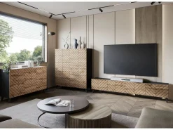 Hot Mueble de TV moderno de 190 cm grafito /roble wotan con patas para salón, frentes MDF fresados en espiga Negro