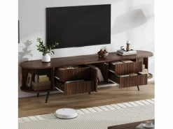 Merax Mueble de TV ovalado con rayas verticales - 180 x 40 x 45 cm - con 4 cajones + 2 puertas correderas - MDF - nogal oscuro