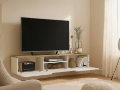 Outlet Vente-unique Mueble de TV suspendido con 3 puertas y 1 hueco - Blanco y natural - LOTULA Color natural claro / Blanco
