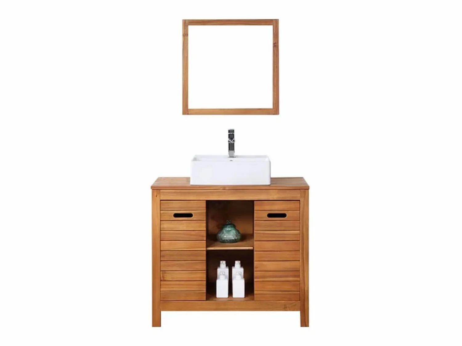 Hot Mueble doble lavabo de madera de acacia - 90 cm - 1 espejo - 60 x 60 cm - PULUKAN Conjunto De Baño
