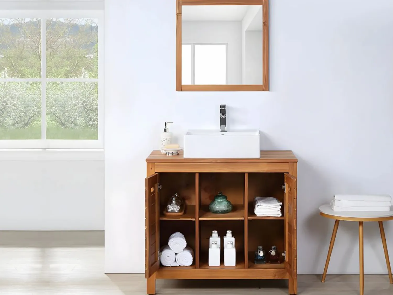 Hot Mueble doble lavabo de madera de acacia - 90 cm - 1 espejo - 60 x 60 cm - PULUKAN Conjunto De Baño