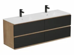 New Vente-unique Mueble doble lavabo de sobreponer - Color natural claro y negro - 150 cm - SABURI Negro / Color natural claro
