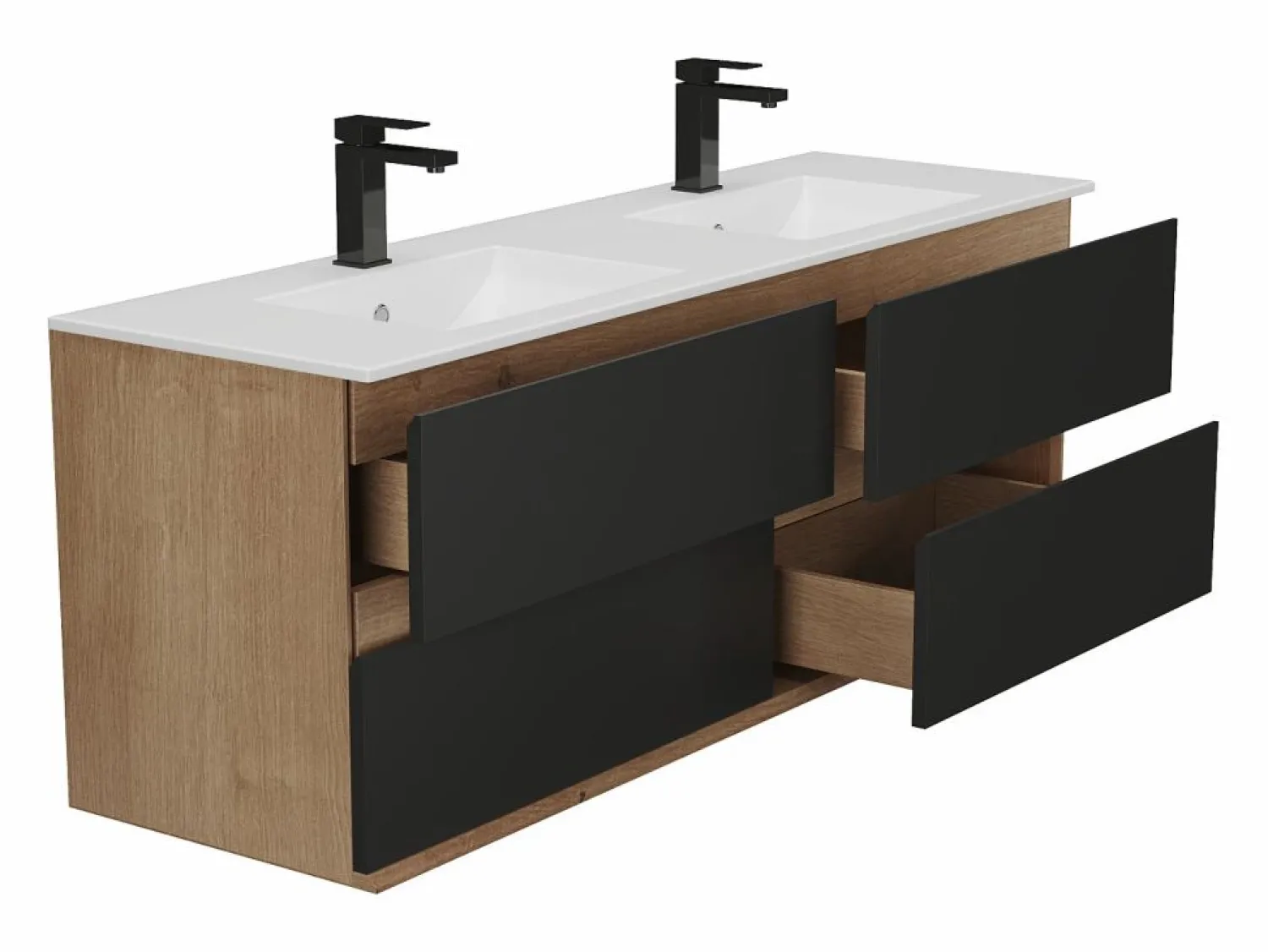 New Vente-unique Mueble doble lavabo de sobreponer - Color natural claro y negro - 150 cm - SABURI Negro / Color natural claro