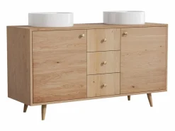 Vente-unique Mueble doble lavabo en roble - Lavabo sobre encimera redondo - Natural claro - 145 cm - ZARENO