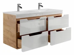 Hot Vente-unique Mueble doble lavabo flotante color natural y blanco para baño, L120 cm, ARUBA Color natural claro / Blanco