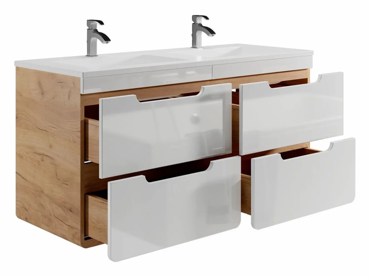 Hot Vente-unique Mueble doble lavabo flotante color natural y blanco para baño, L120 cm, ARUBA Color natural claro / Blanco