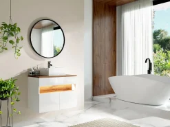 Vente-unique Mueble flotante de lavabo con LEDs, blanco y natural oscuro, L80 cm, POZEGA