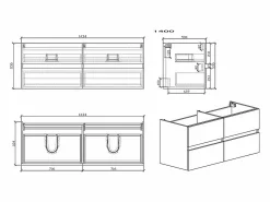 Mueble lavabo + lavabo 144cm MONTADO SIENA Roble Claro Mueble De Baño Con Doble Lavabo