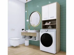 New Mueble lavadora, 2 armarios, 180 x 64 x 30 cm, roble Sonoma, blanco mate Mueble Para Lavadora