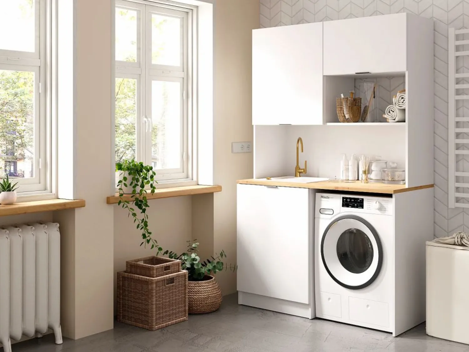 Hot Mueble multifunción - Con encimera de 120 cm - Blanco y natural - CARMEO Mueble Para Lavadora|Cocina Completa