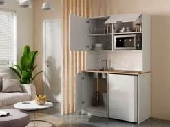 Hot Mueble multifunción - Con encimera de 120 cm - Blanco y natural - CARMEO Mueble Para Lavadora|Cocina Completa