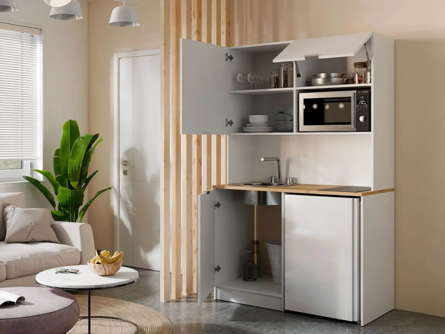 Hot Mueble multifunción - Con encimera de 120 cm - Blanco y natural - CARMEO Mueble Para Lavadora|Cocina Completa