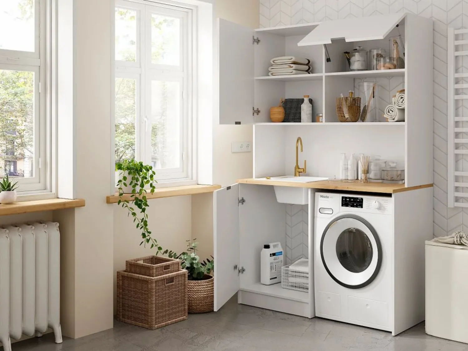 Hot Mueble multifunción - Con encimera de 120 cm - Blanco y natural - CARMEO Mueble Para Lavadora|Cocina Completa