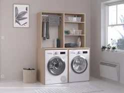 Best Mueble para 2 lavadoras perchero y estante - Natural claro - H184 x L128 cm - ERKANO Mueble Para Lavadora|Columna De Baño