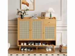 ModernLuxe Mueble para zapatos de ratán natural 120×35×106 cm - con 3 puertas y 1 cajón - panel de partículas - natural